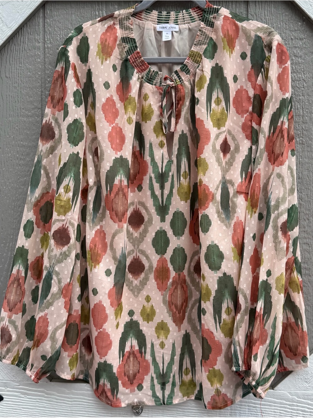 Tribal Multi-Color Ikat Tie-Neck Peasant Blouse - Tribal